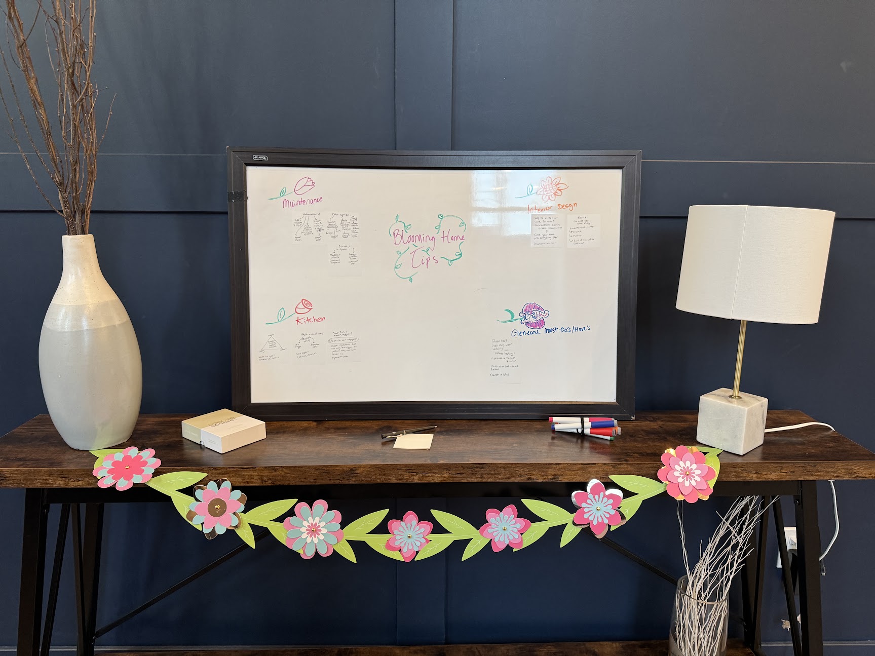 The Blooming Home Tips whiteboard, covered in hand-drawn flowers and sticky notes of home tips